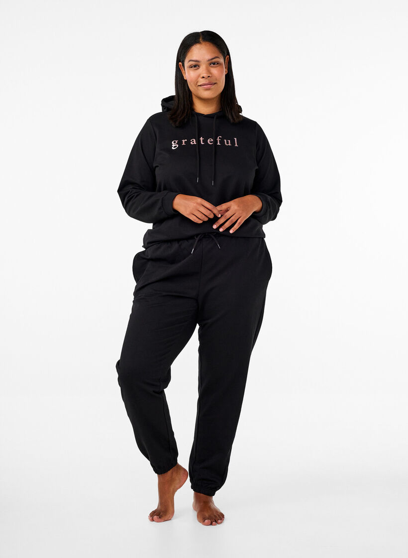 Sweater met capuchon en print, Zwart, Model image number 1