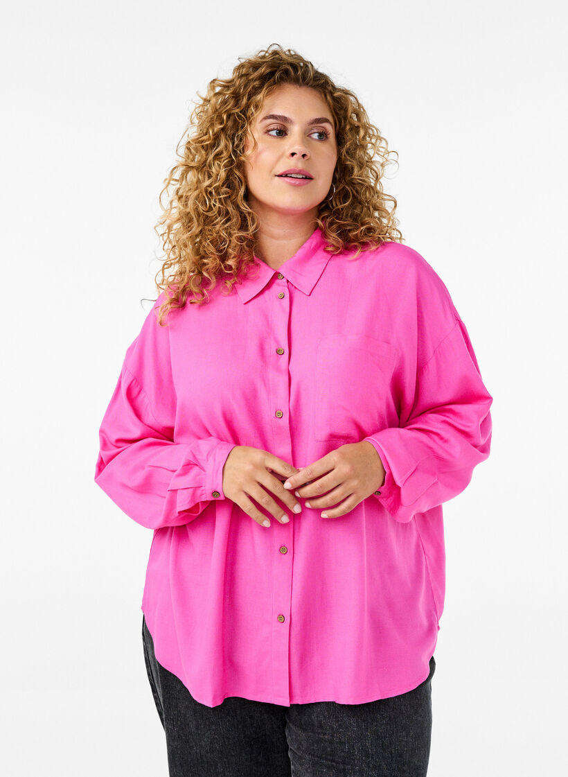 Linnen en viscose shirt met lange mouwen, Roze, Model image number 0
