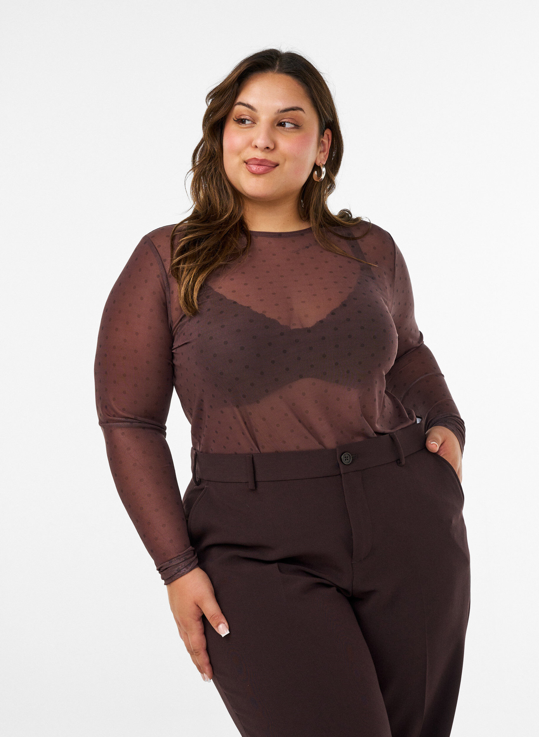 Mesh blouse met print, Bruin, Model