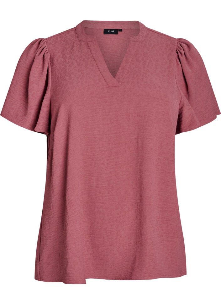 Blouse met korte mouwen met ruches en V-hals, Rood, Packshot image number 0