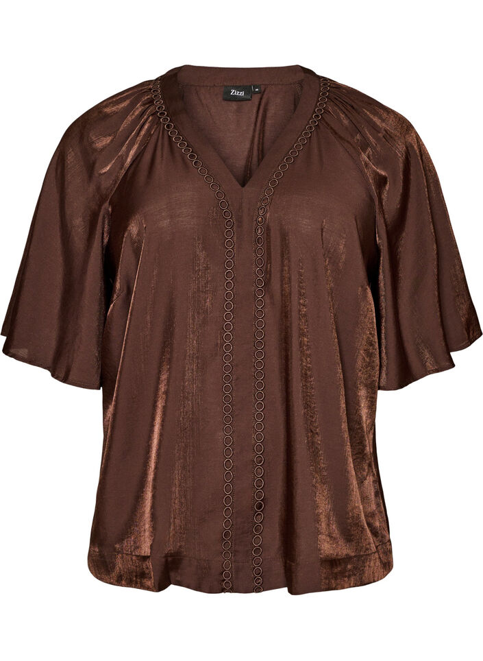 Viscose blouse met V-hals en decoratieve details, Bruin, Packshot image number 0