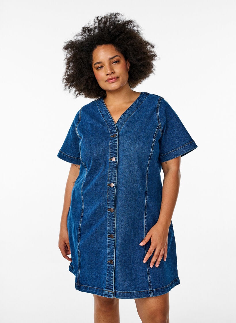 Robe courte en jean avec col en V, Bleu, Model image number 0