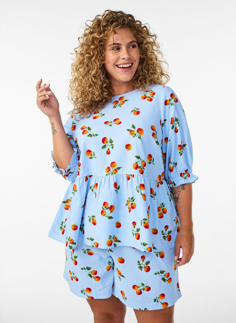 Katoenen shorts met een tomatenprint en hoge taille, Blauw, Model