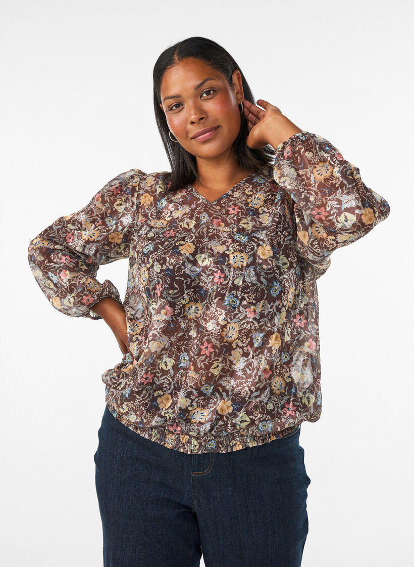 Blouse met bloemenprint en ballonnenmouwen, Bruin, Model image number 0
