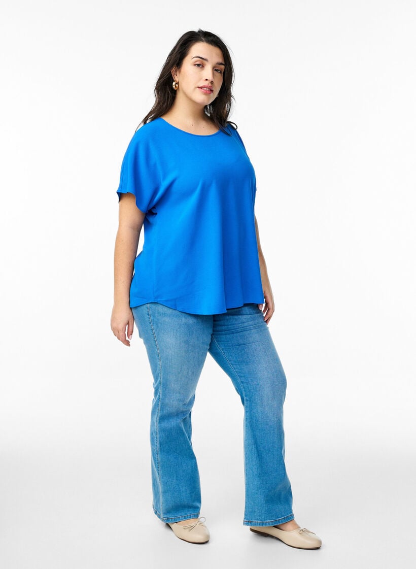 Blouse met korte mouwen en een ronde halslijn, Blauw, Model image number 1