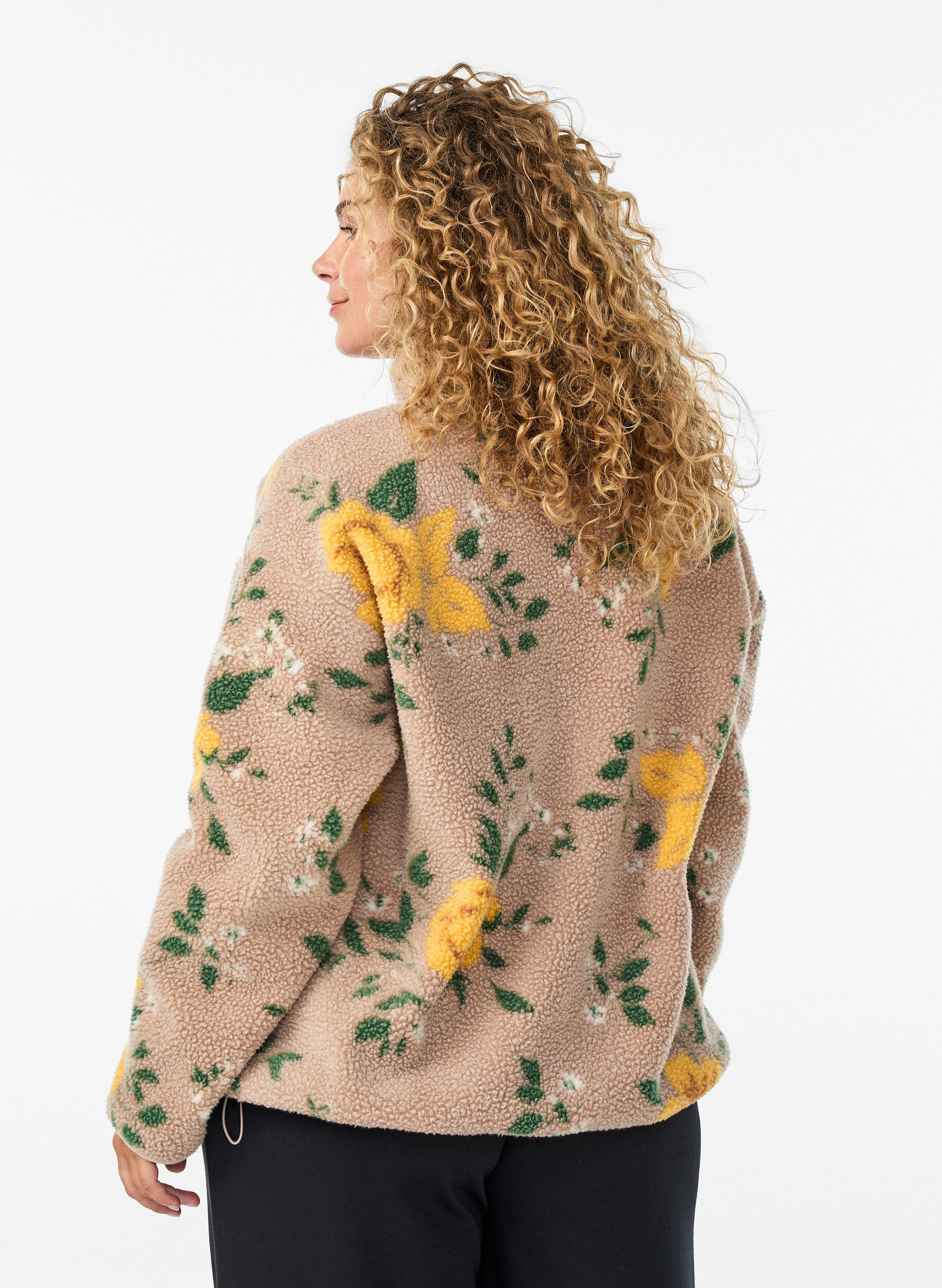 ZizziFloral fleecejack met een hoogsluitende kraag en ritssluiting, Beige, Model image number 2