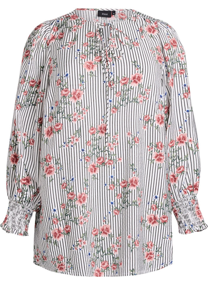 Blouse met bloemenprint en strikdetail, Zwart, Packshot image number 0