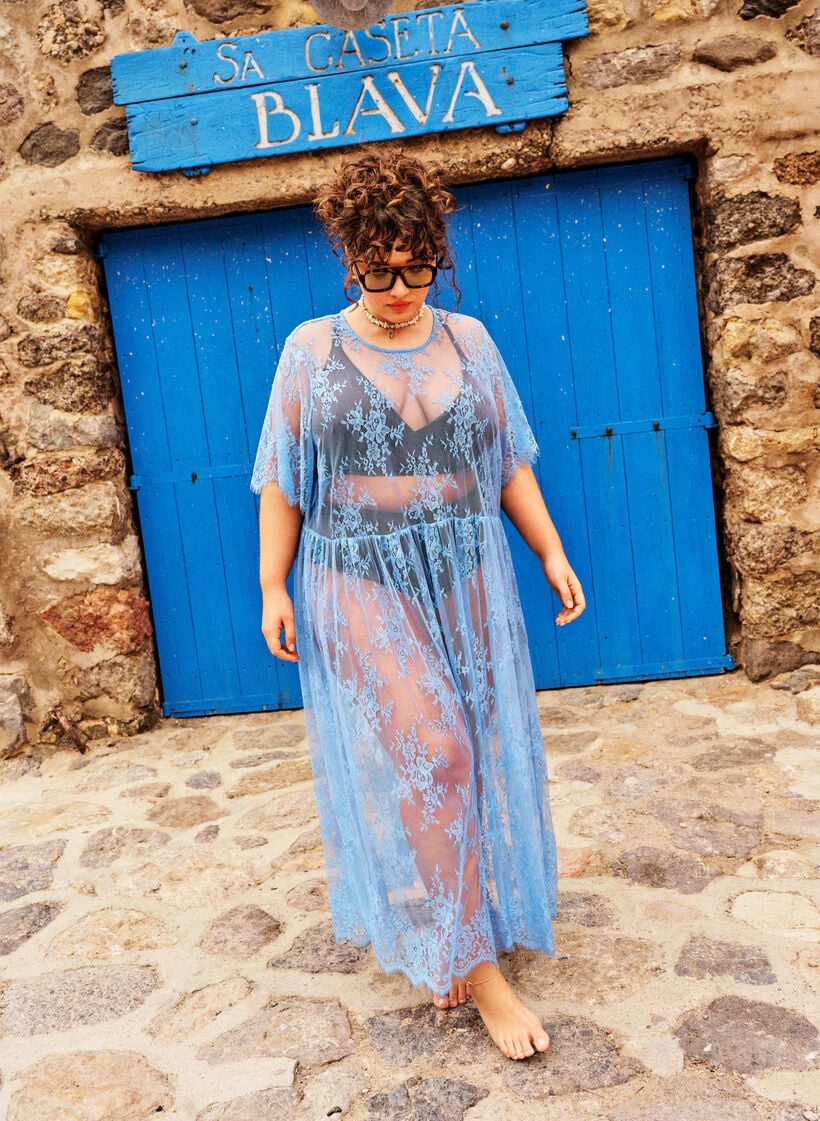 Kanten midi jurk met korte mouwen van doorschijnende kant, Paars, Image