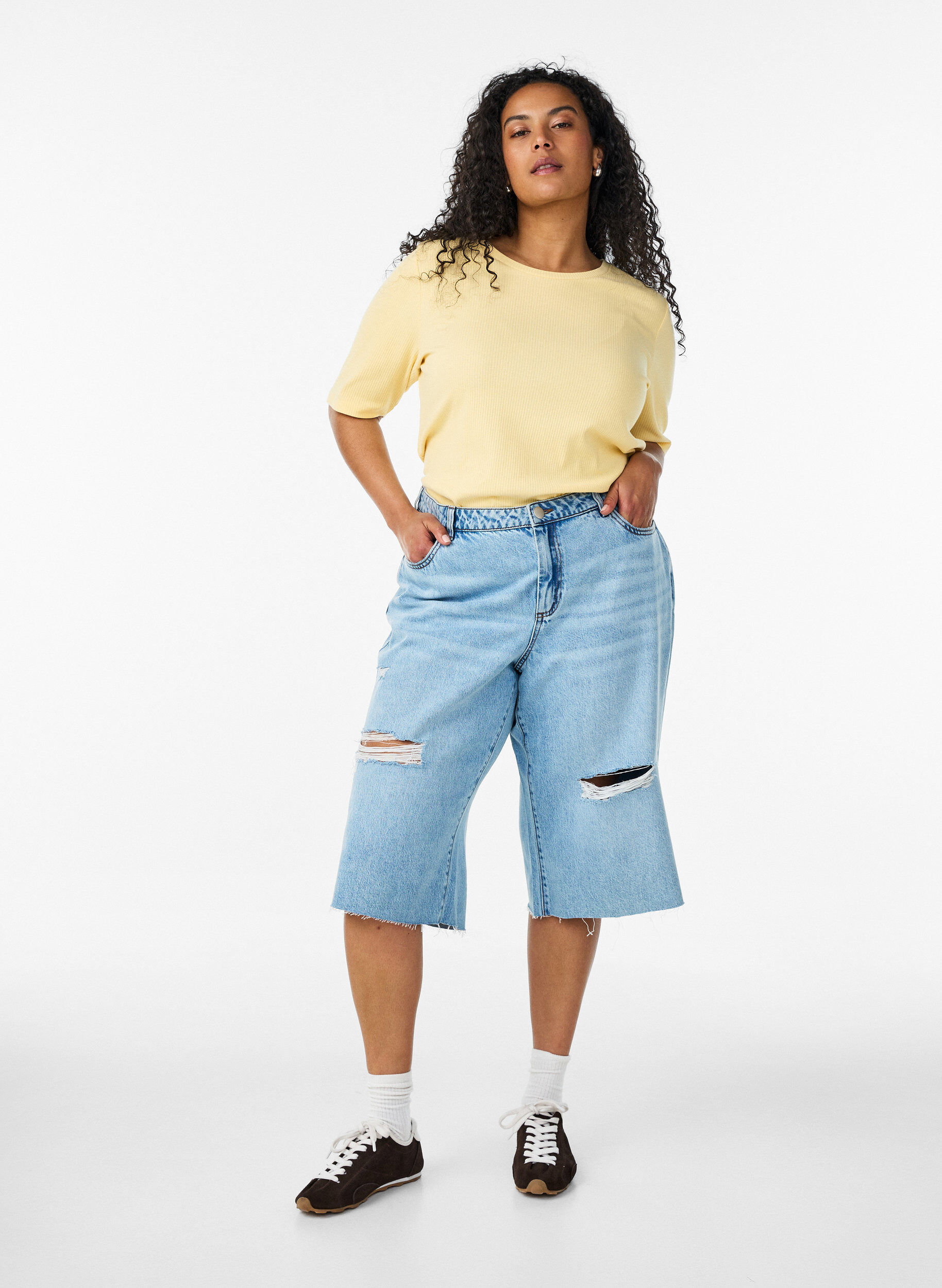 ZizziGeribde jersey blouse met korte mouwen, Geel, Model image number 1