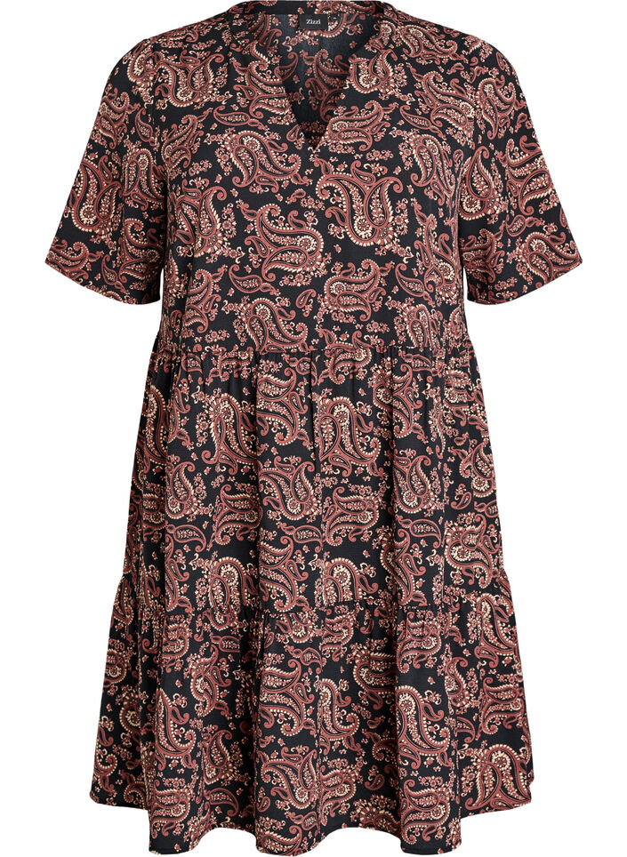 Jurk met korte mouwen, A-lijn en snijlijnen, Zwart, Packshot image number 0