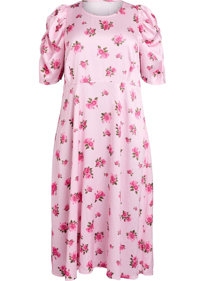 Robe midi &agrave; fleurs avec manches bouffantes, Rose, Packshot