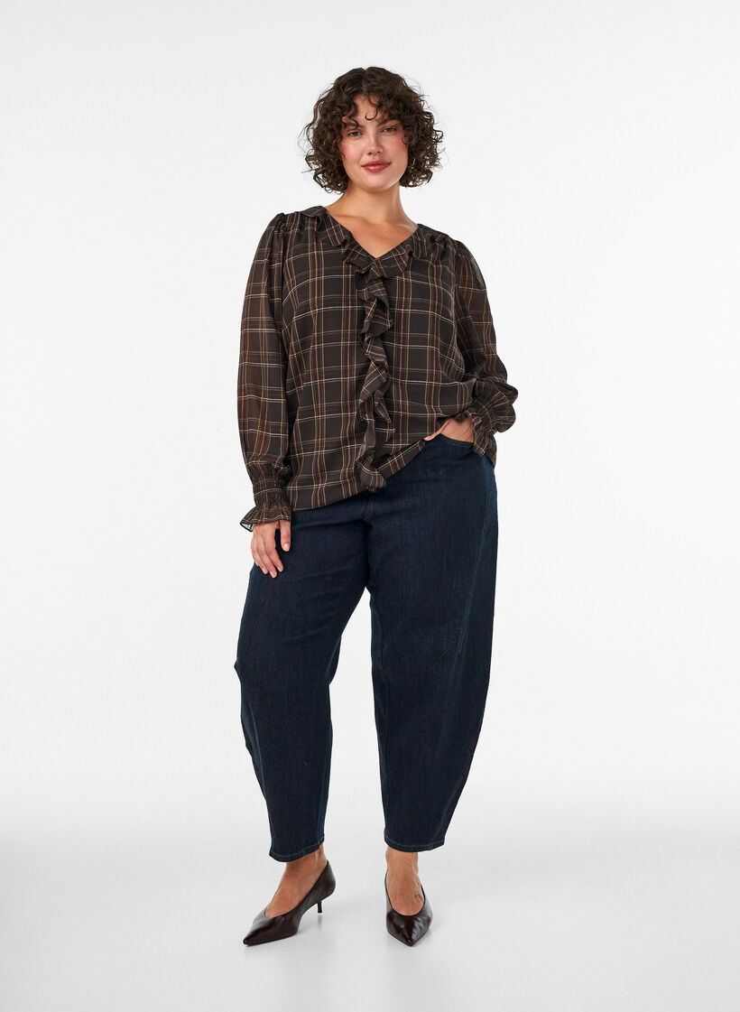 Blouse met ruit en ruches details, Groen, Model image number 1