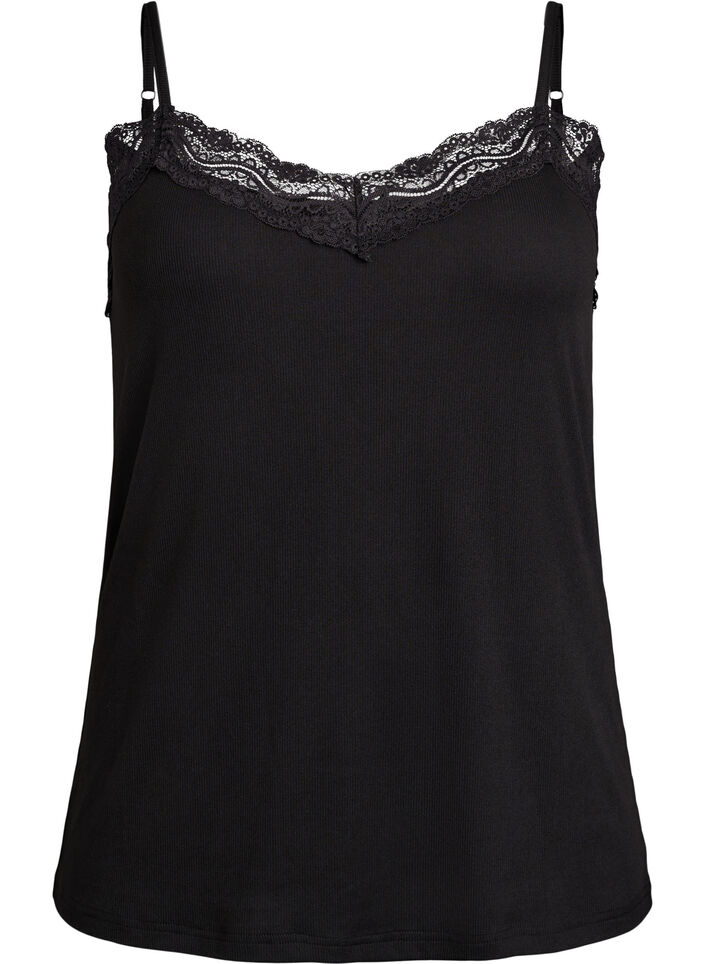 Geribde jersey top met kanten bies, Zwart, Packshot image number 0