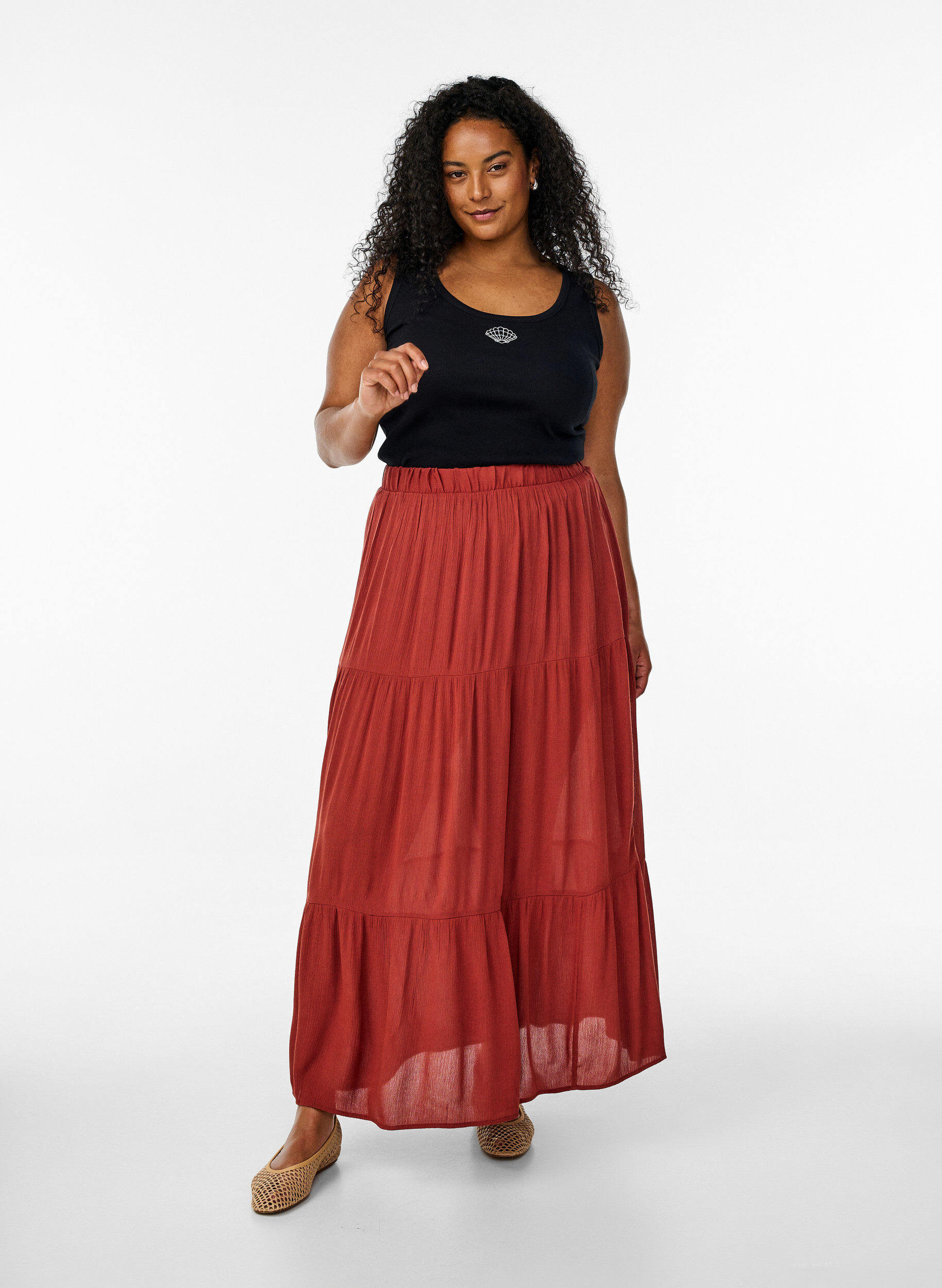 ZizziLange rok met elastiek in de taille, Rood, Model image number 0
