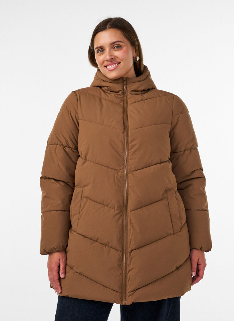 Halflange pufferjas met capuchon, Bruin, Model image number 0