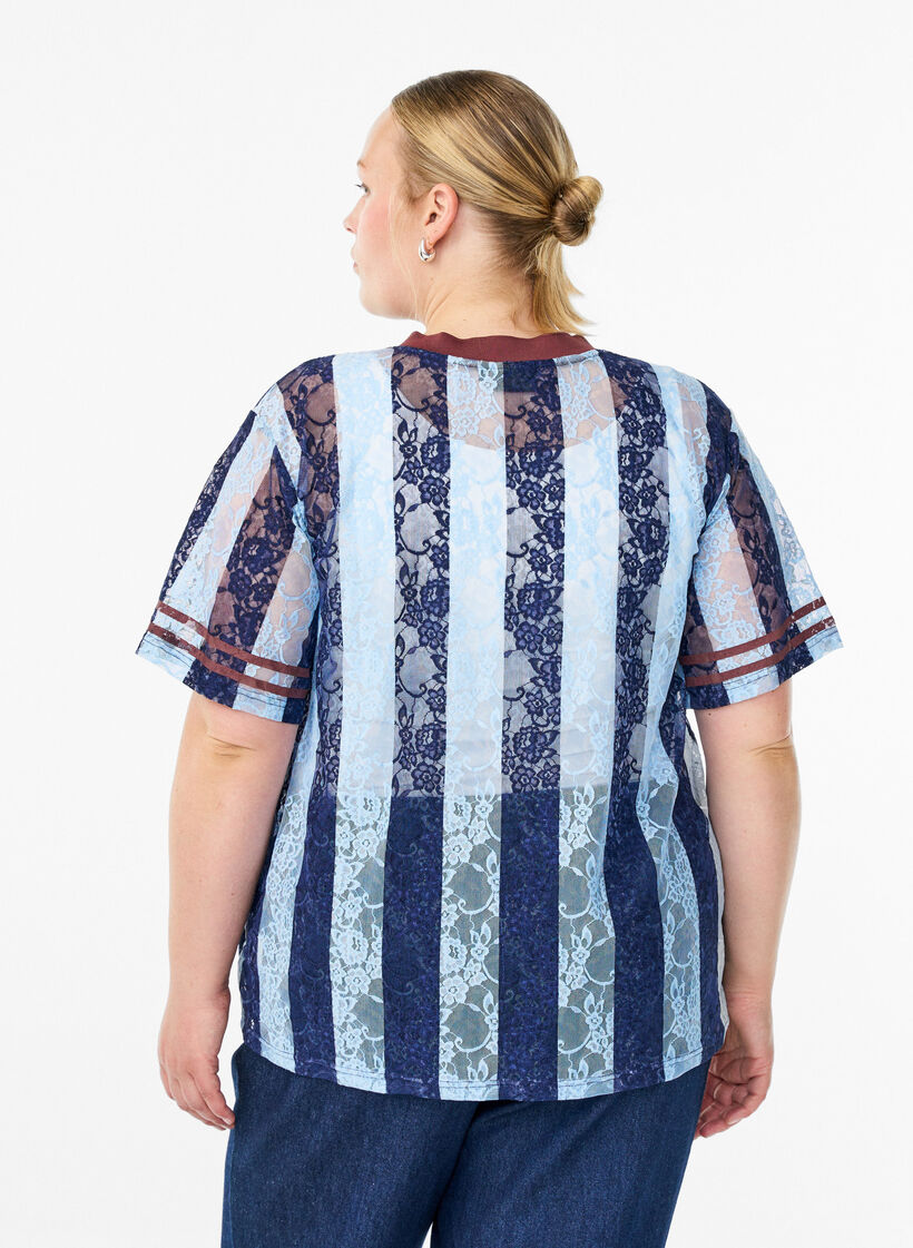 Gestreepte kanten blouse met opvallende print, Blauw, Model image number 2