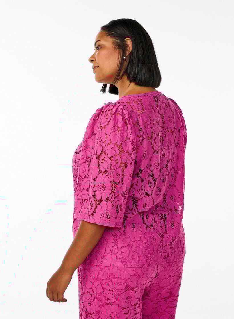 Kanten blouse met 3/4 mouwen en strikjes aan de voorkant, Purple Orchid, Model