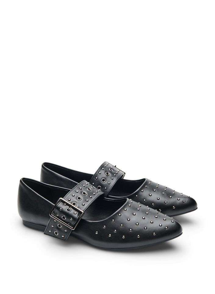 Wide fit - Gepunte ballerina met gesp en studs, Black, Packshot