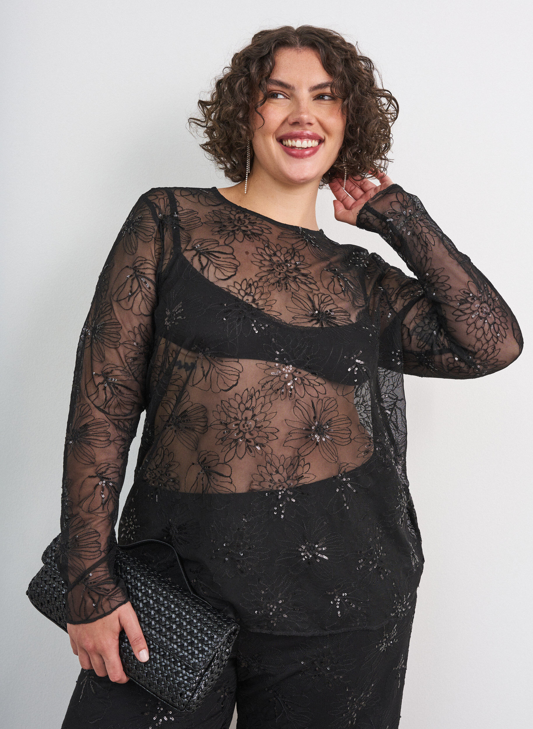 Mesh blouse met bloemen en pailletten, Zwart, Model