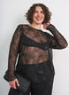 Mesh blouse met bloemen en pailletten, Zwart, Model image number 0