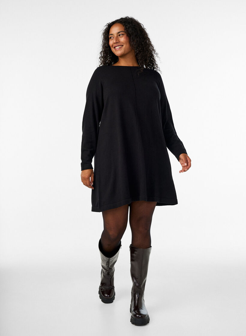 Gebreide jurk in katoen-viscose blend, Zwart, Model image number 1