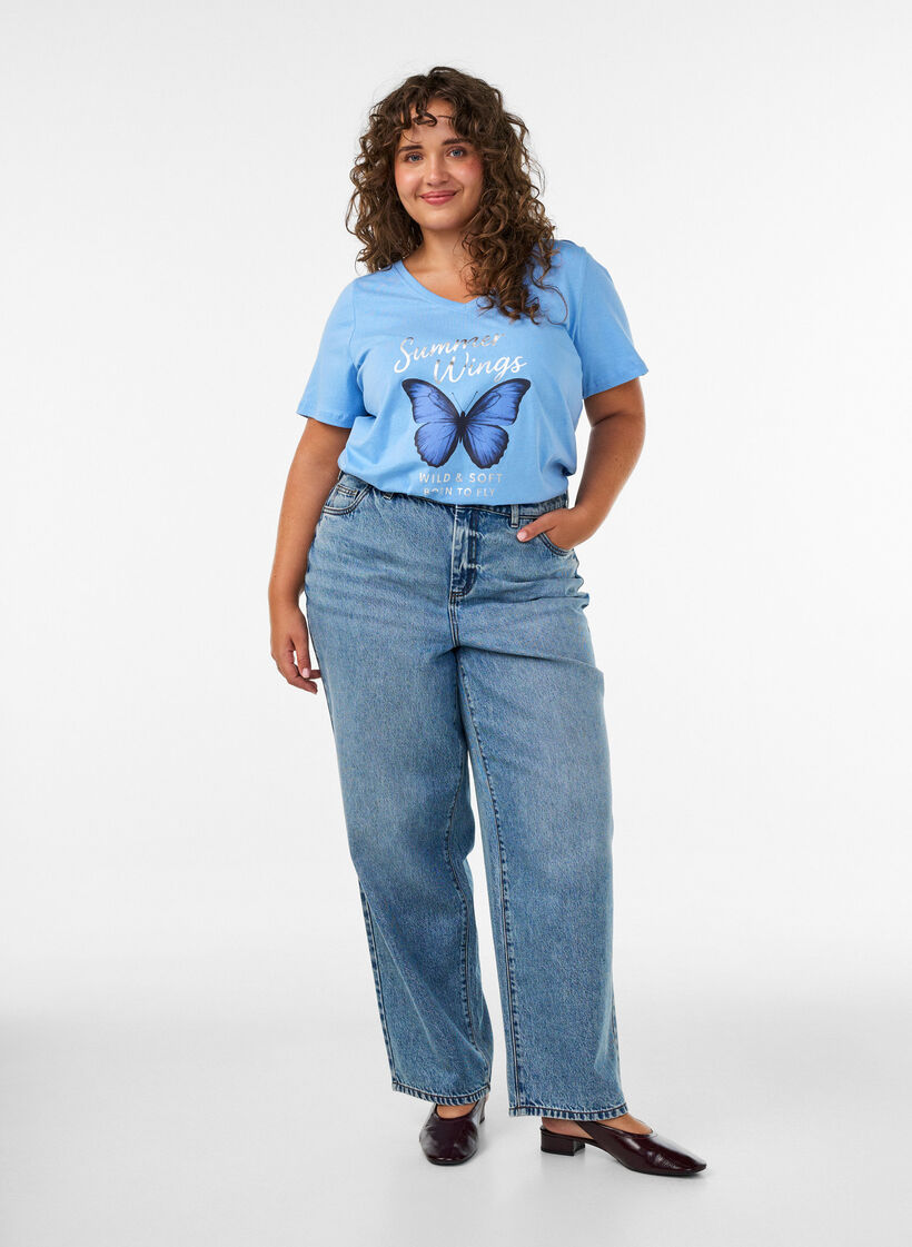 Katoenen T-shirt met V-hals en print aan de voorkant, Blauw, Model image number 1