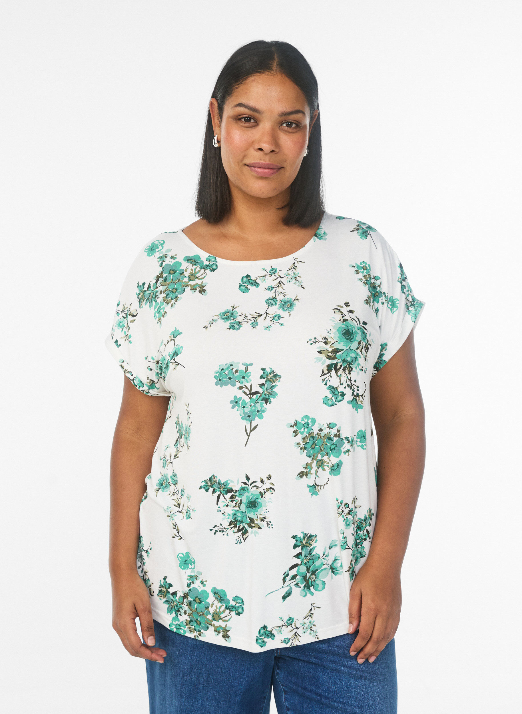 T-shirt met bloemenprint, Wit, Model