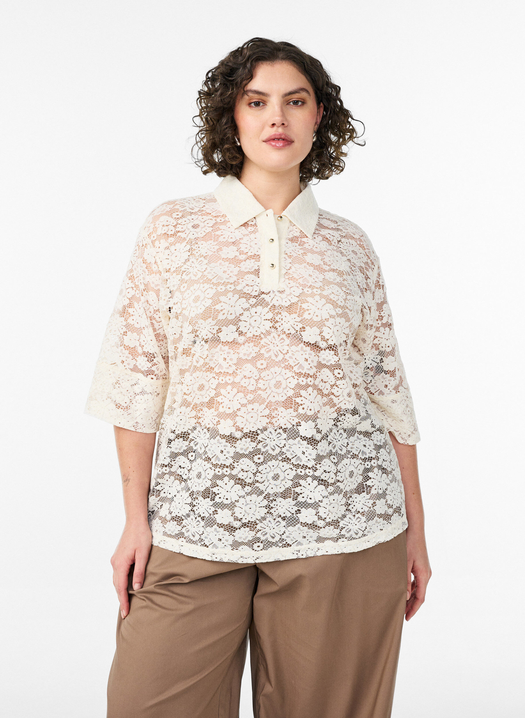 Kanten blouse met kraag en 1/2 mouwen, Vanille, Model