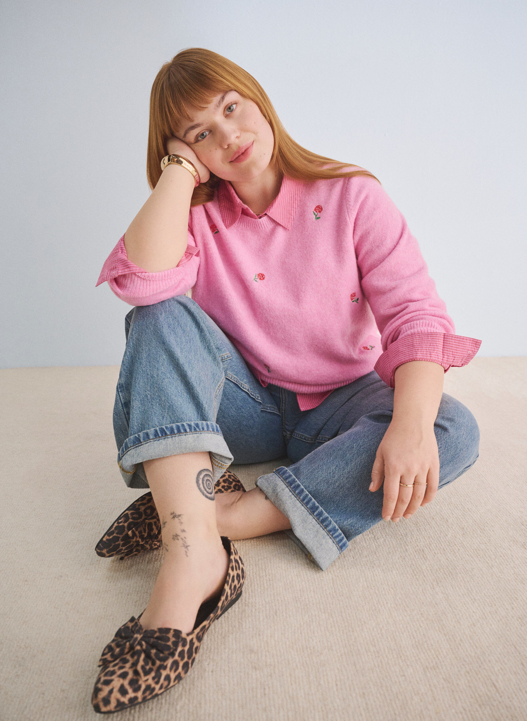 ZizziGebreide blouse met bloemen en 3/4 mouwen, Begonia Pink Mel., Image image number 0