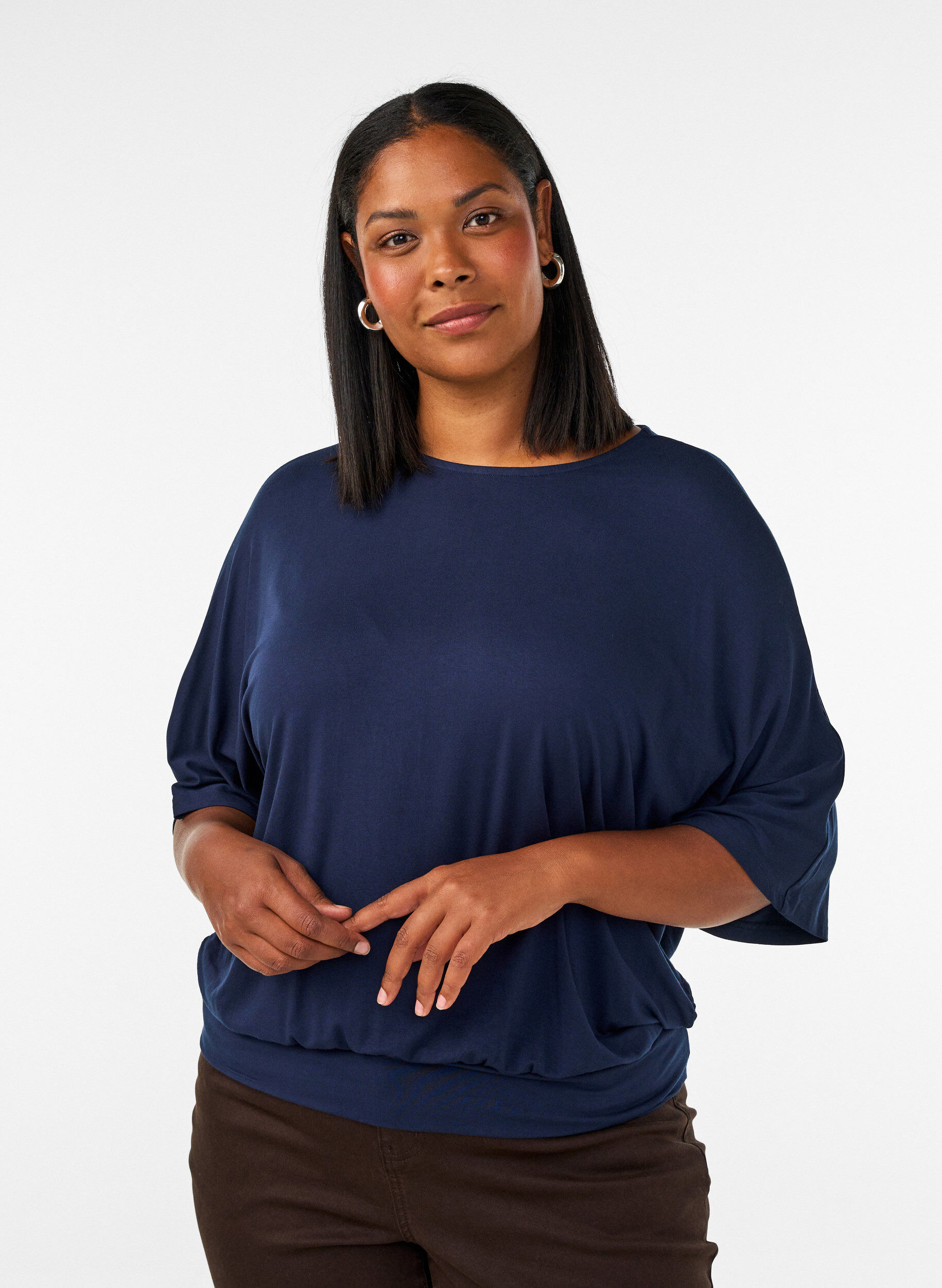 Jersey blouse met halflange ballonmouwen, Blauw, Model