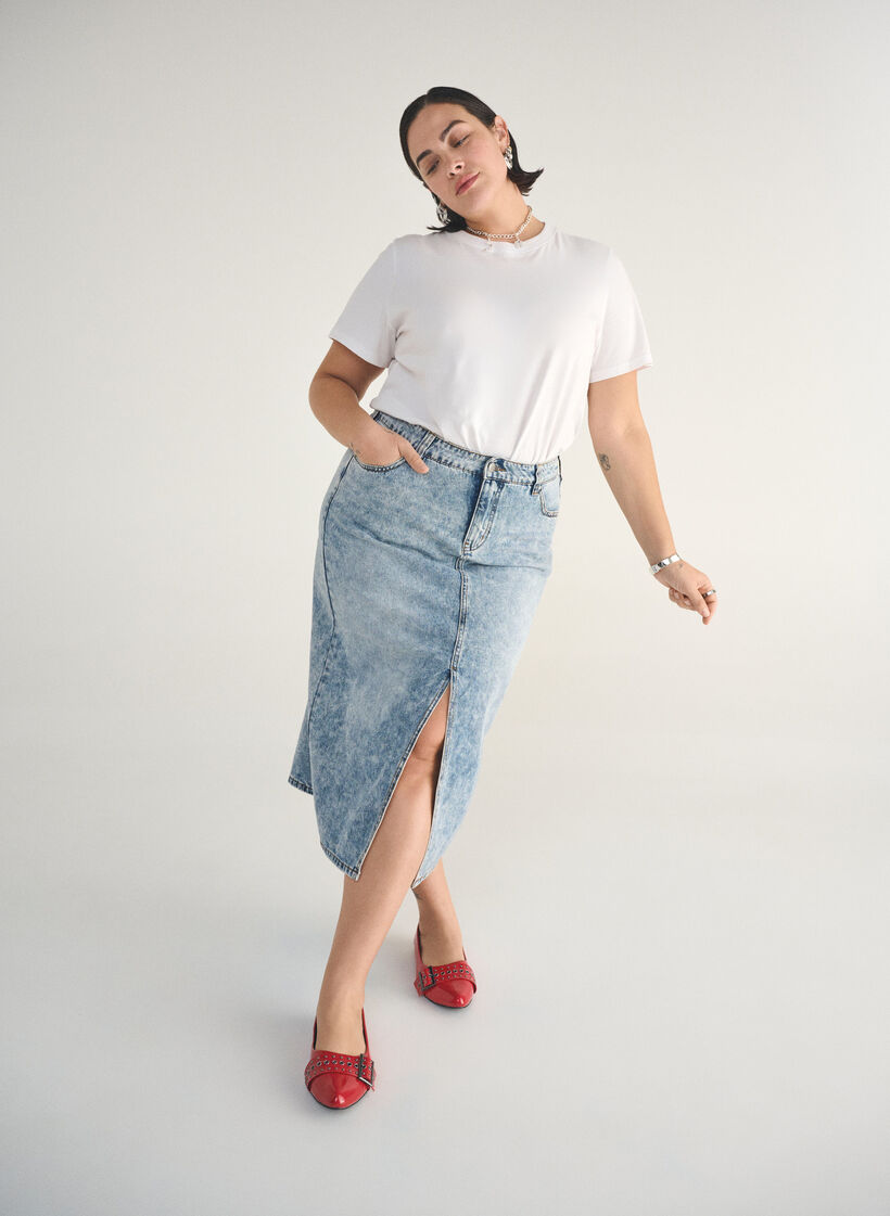 Denim maxi rok met een voorsplit, Blue Denim washed, Image