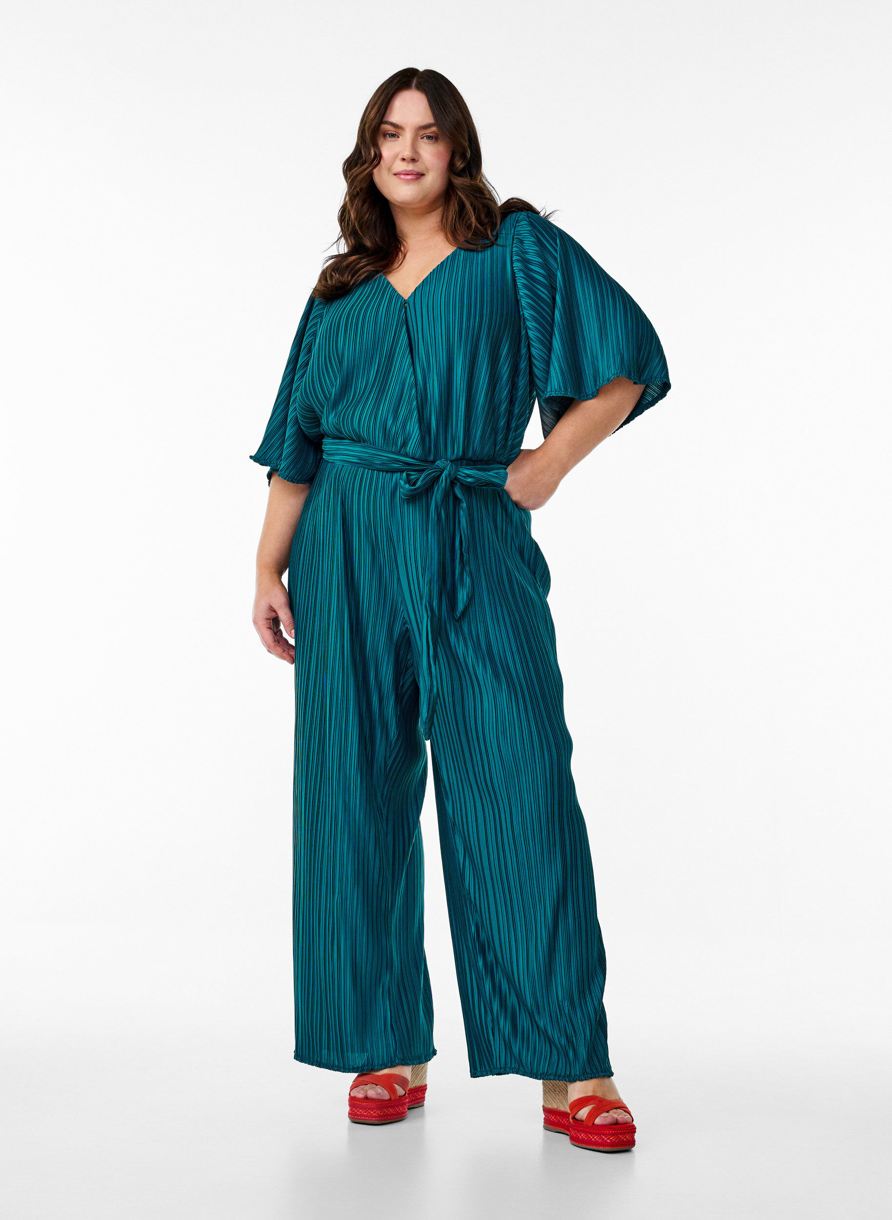Geplooide jumpsuit met strik en wijde mouwen, Blauw, Model