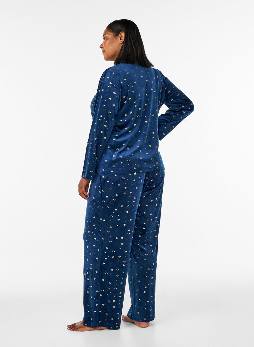 Velours pyjamabroek met all-over print, Blauw, Model image number 1