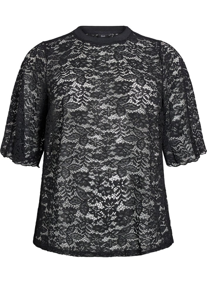 Kanten blouse met korte mouwen en ronde hals, Black, Packshot