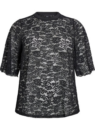 ZizziKanten blouse met korte mouwen en ronde hals, Zwart, Packshot image number 0