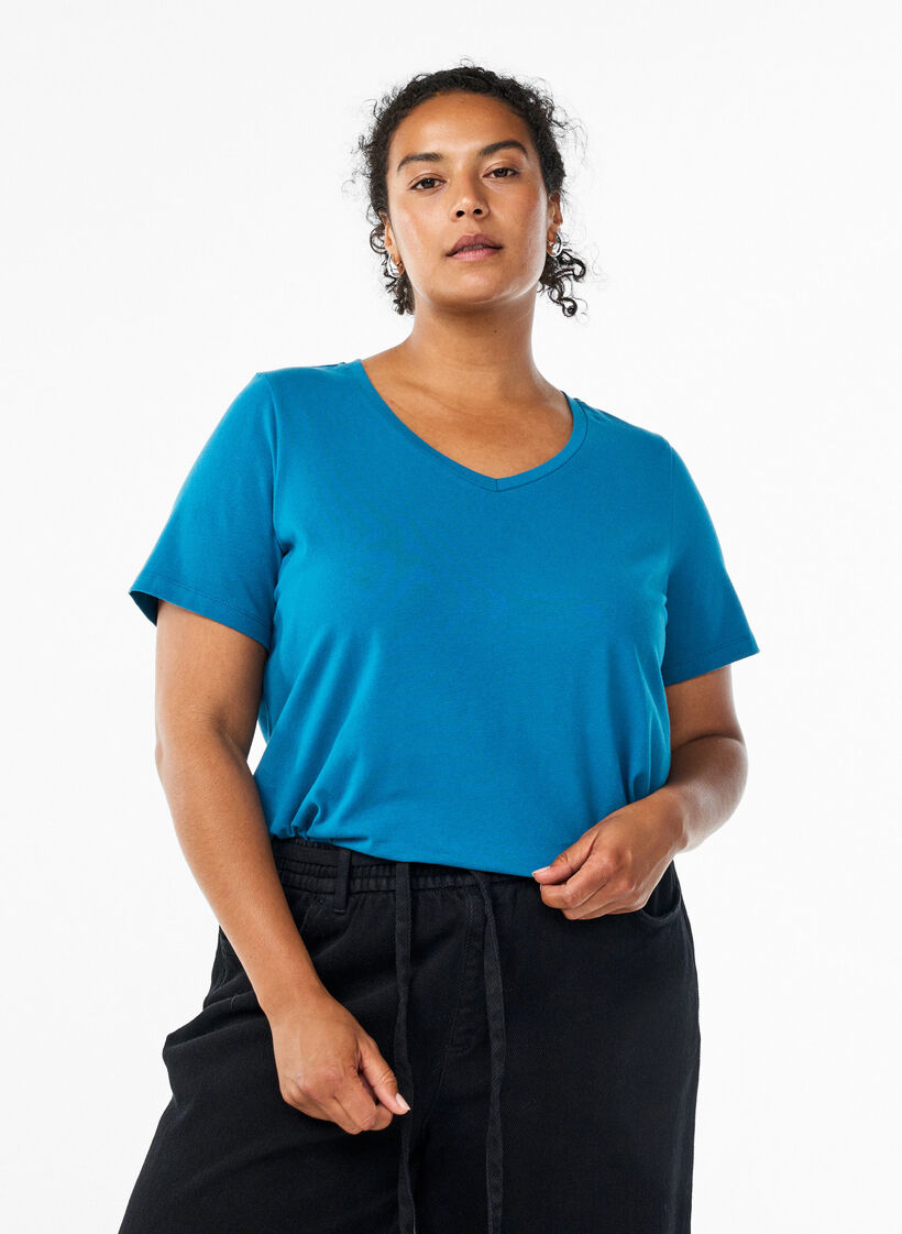 Basic effen katoenen t-shirt, Blauw, Model image number 0