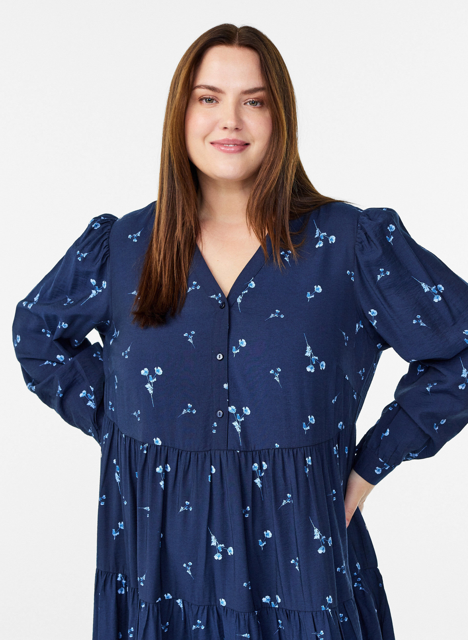 ZizziMidijurk met V-hals en A-lijn vorm, Blauw, Model image number 2