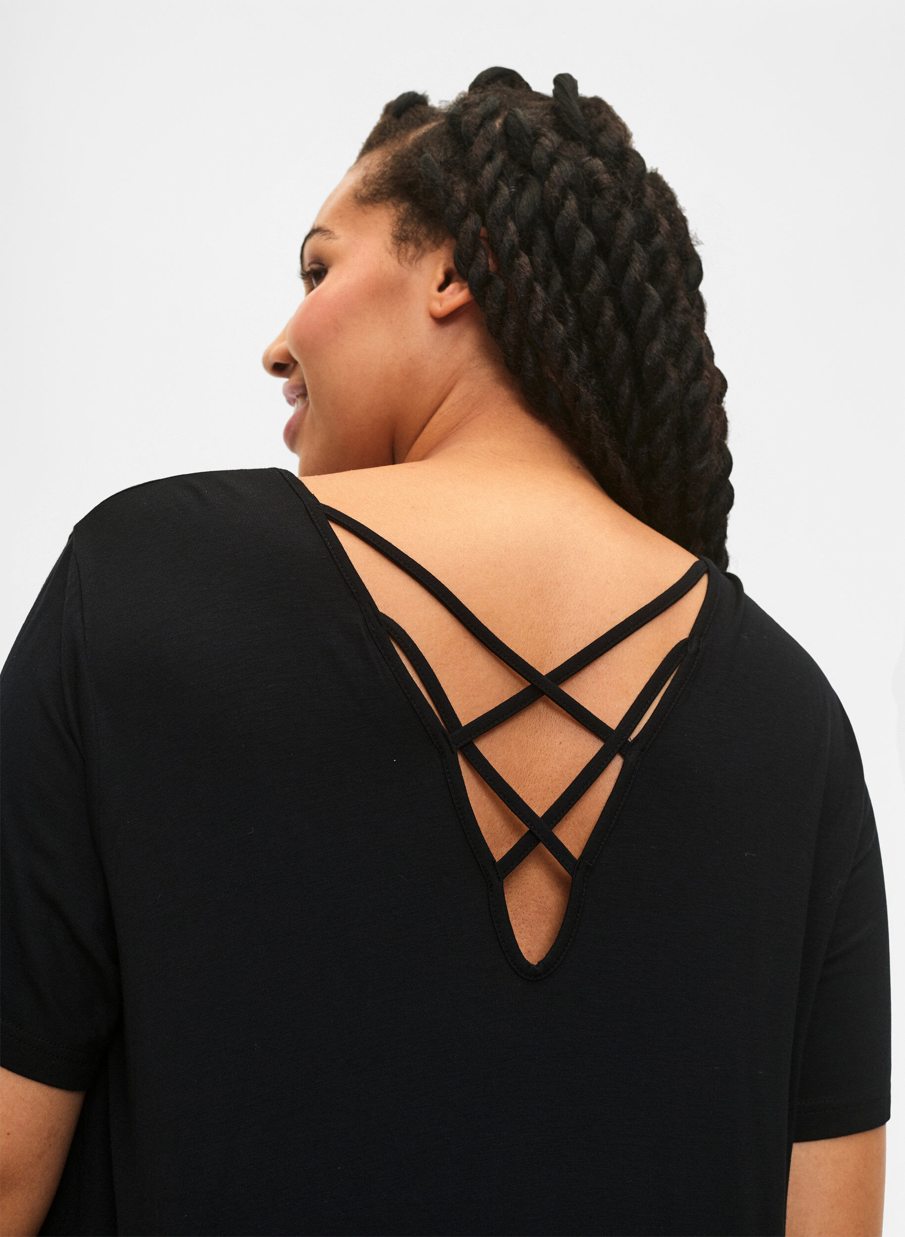 ZizziViscose jurk met rugdetail en korte mouwen, Zwart, Model image number 3