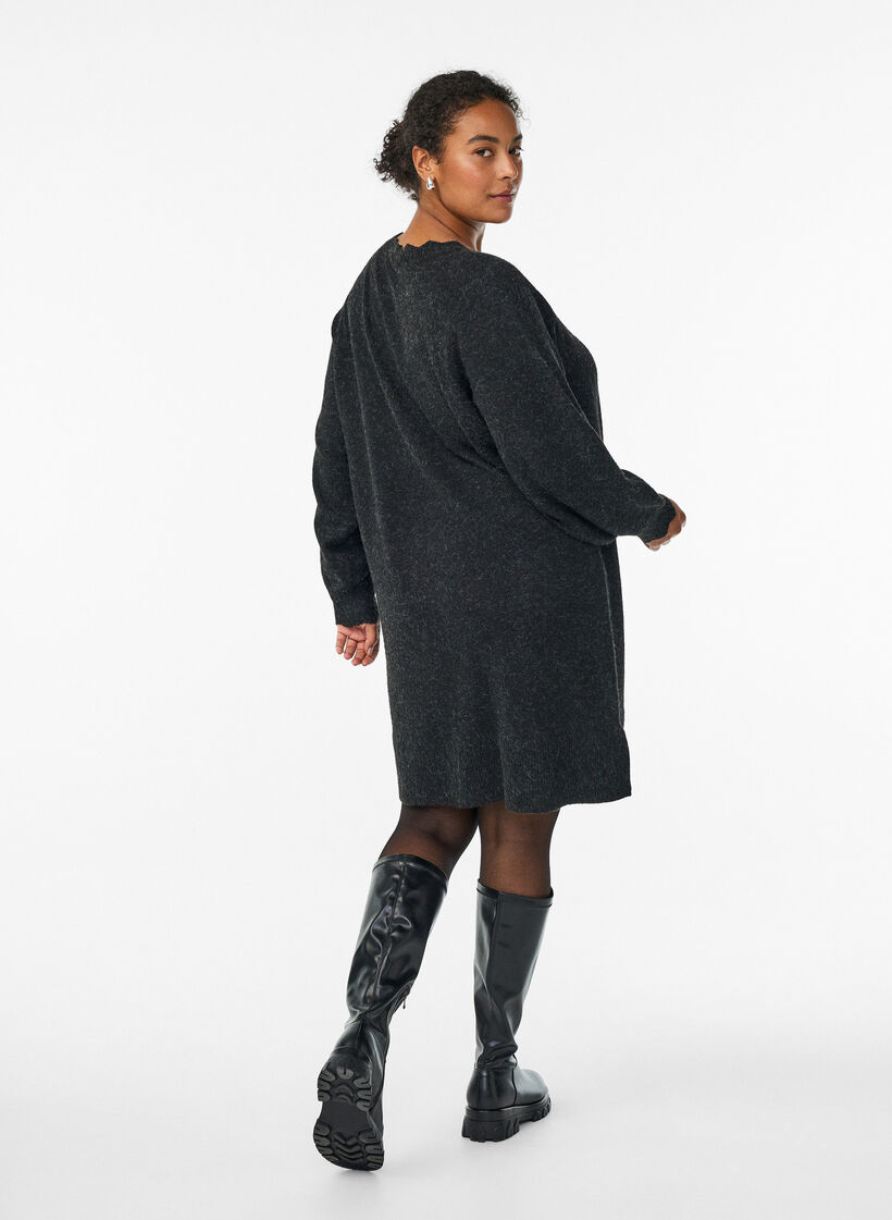 Robe courte en maille avec ourlet ondul&eacute; et fentes, Gris anthracite, Model image number 1
