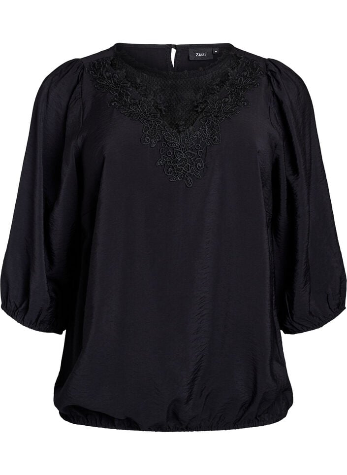 Blouse met 3/4 mouwen en kantdetails, Zwart, Packshot image number 0