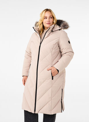ZizziLange winterjas met haaksluitingen en een nep bontkraag, Simply Taupe, Model image number 0