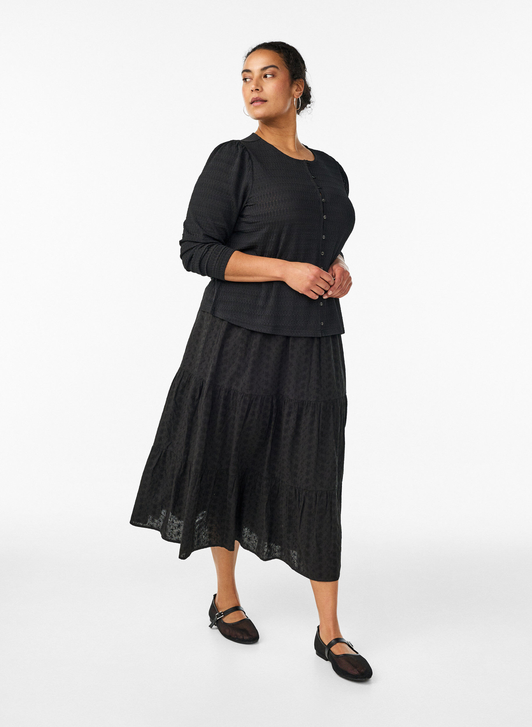 Enkellange katoenen rok met gesmokte taille, Zwart, Model
