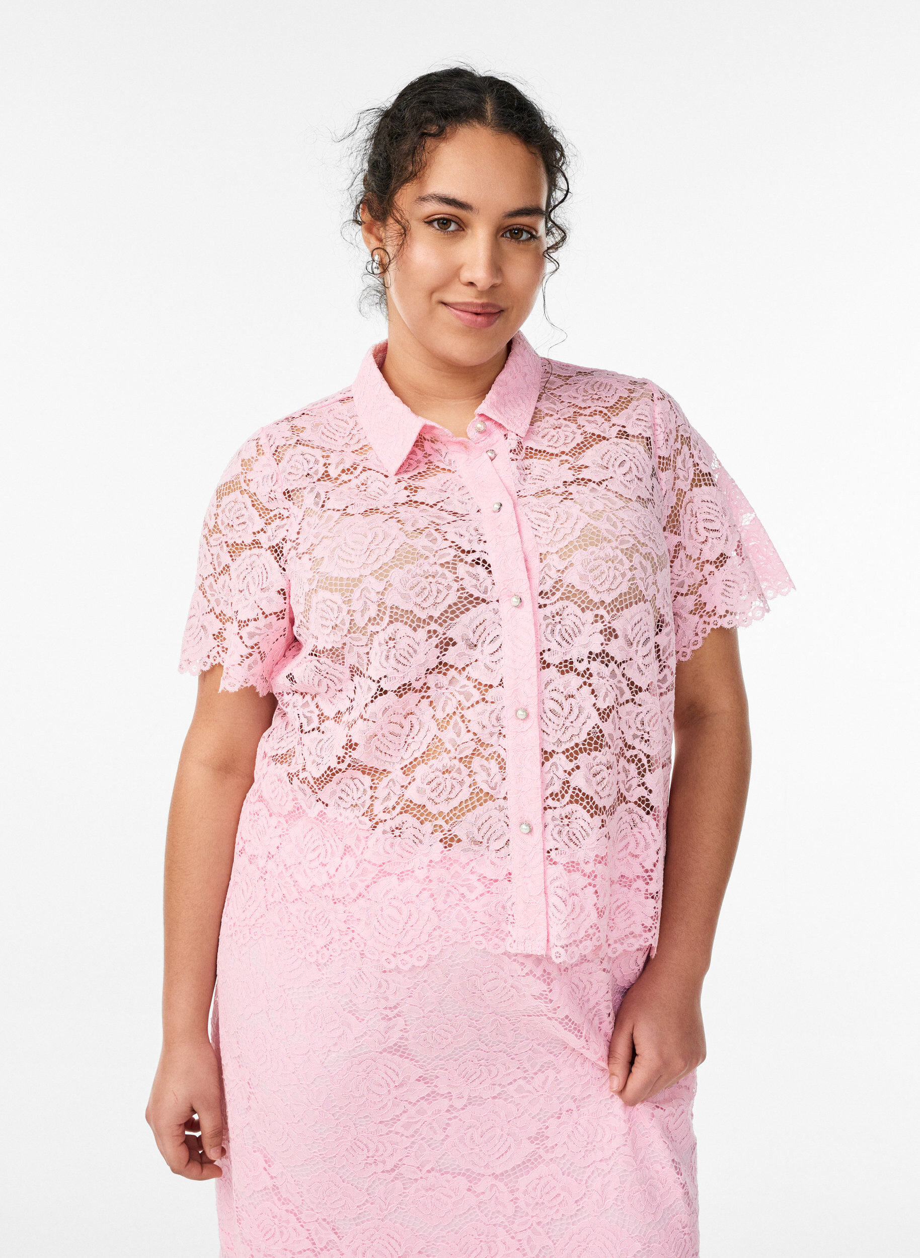 Kanten shirt blouse met parelknopen, Roze, Model