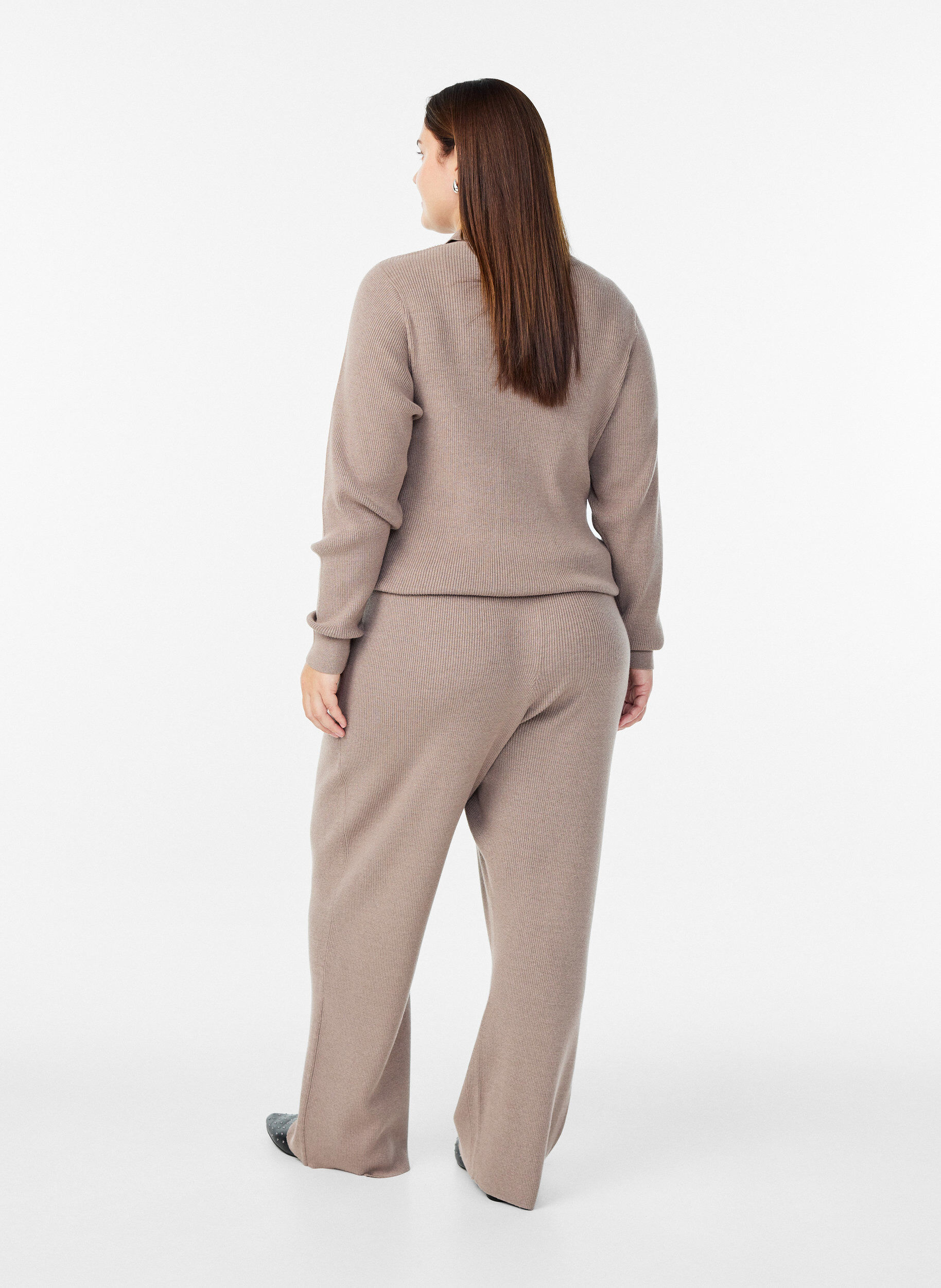 ZizziRibgebreide broek met hoge taille en rechte pijpen, Beige, Model image number 1