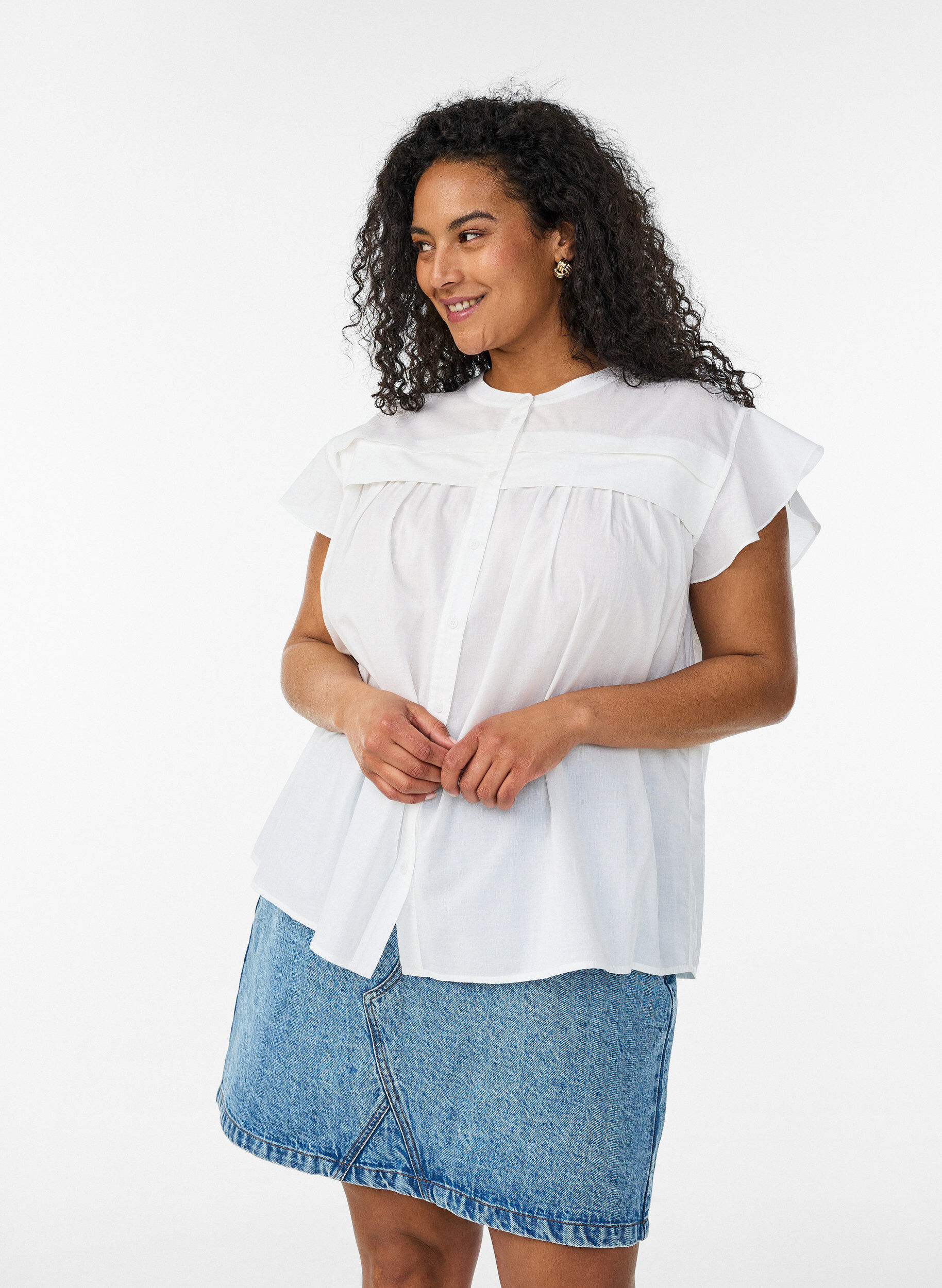 Mouwloze A-lijn katoenen blouseshirt, Wit, Model
