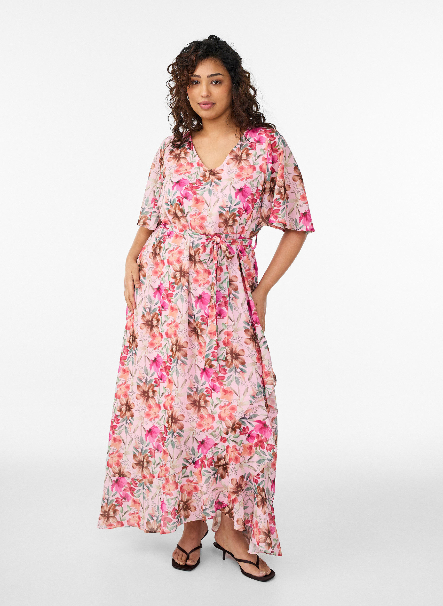 Chiffon maxi-jurk met een V-hals en ruches aan de zoom, Roze, Model
