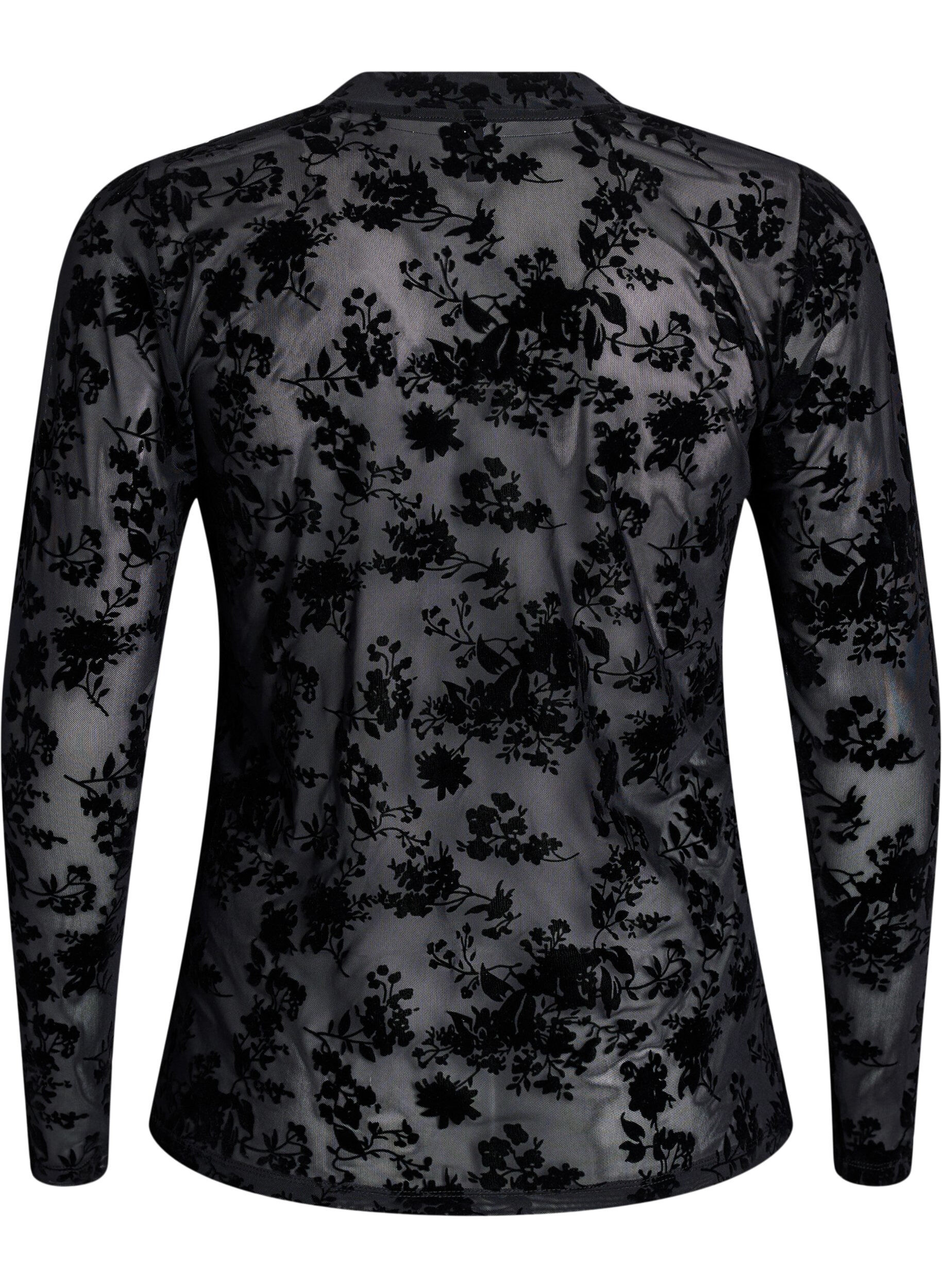 ZizziMesh blouse met bloemenpatroon, Zwart, Packshot image number 1