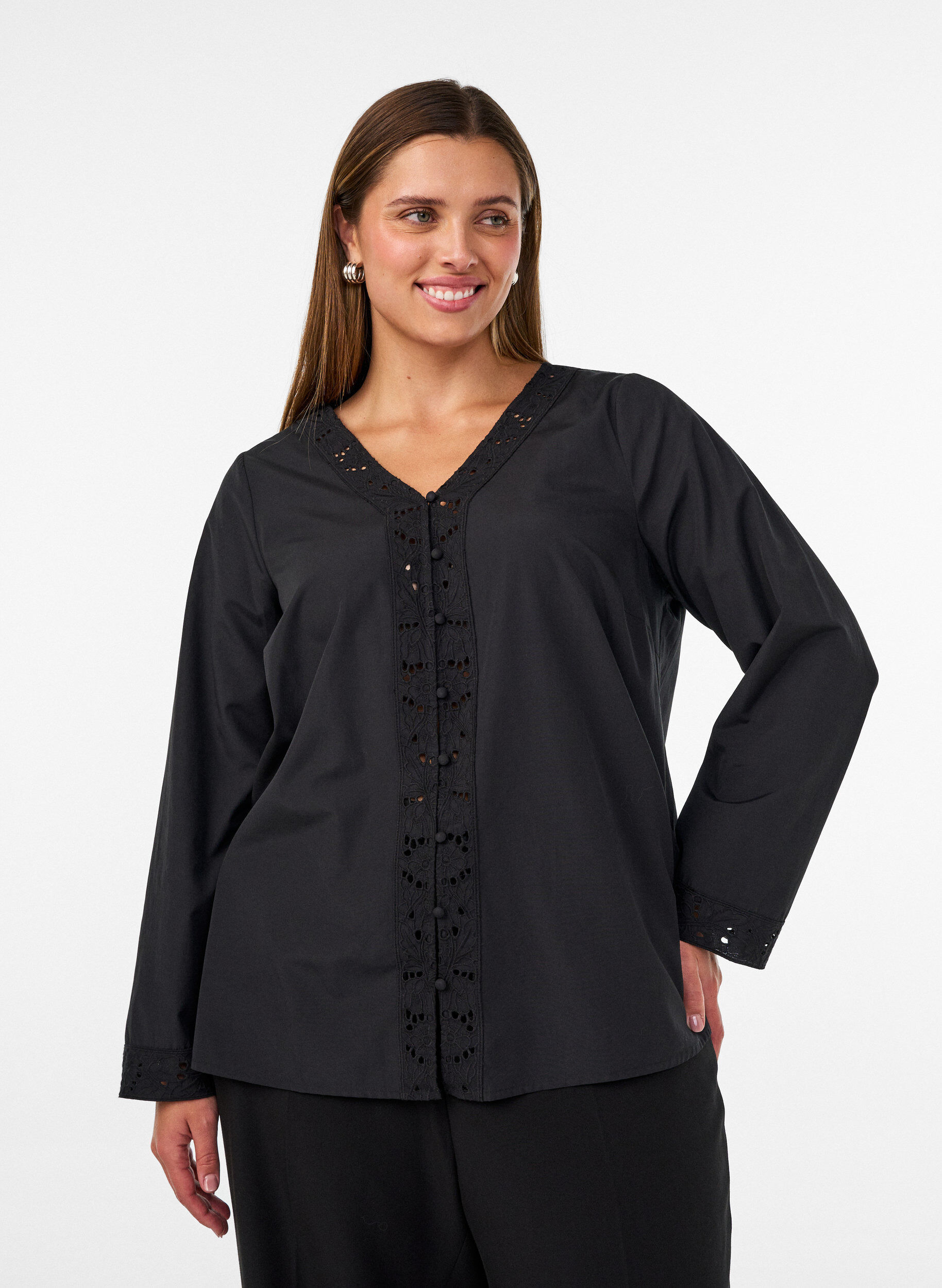 ZizziBlouse met broderie anglaise, Zwart, Model image number 0