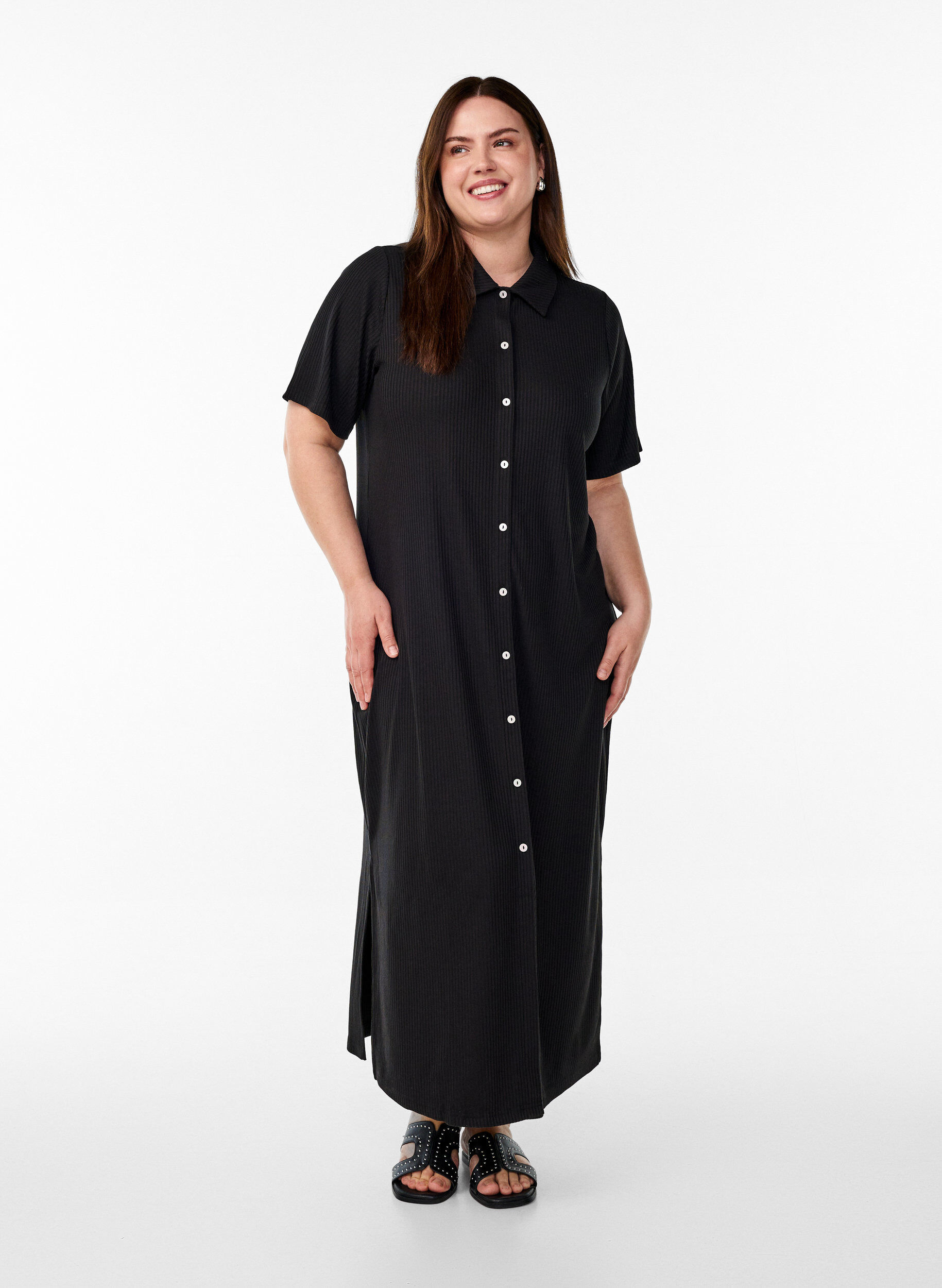 Jersey maxi jurk met kraag en korte mouwen, Zwart, Model