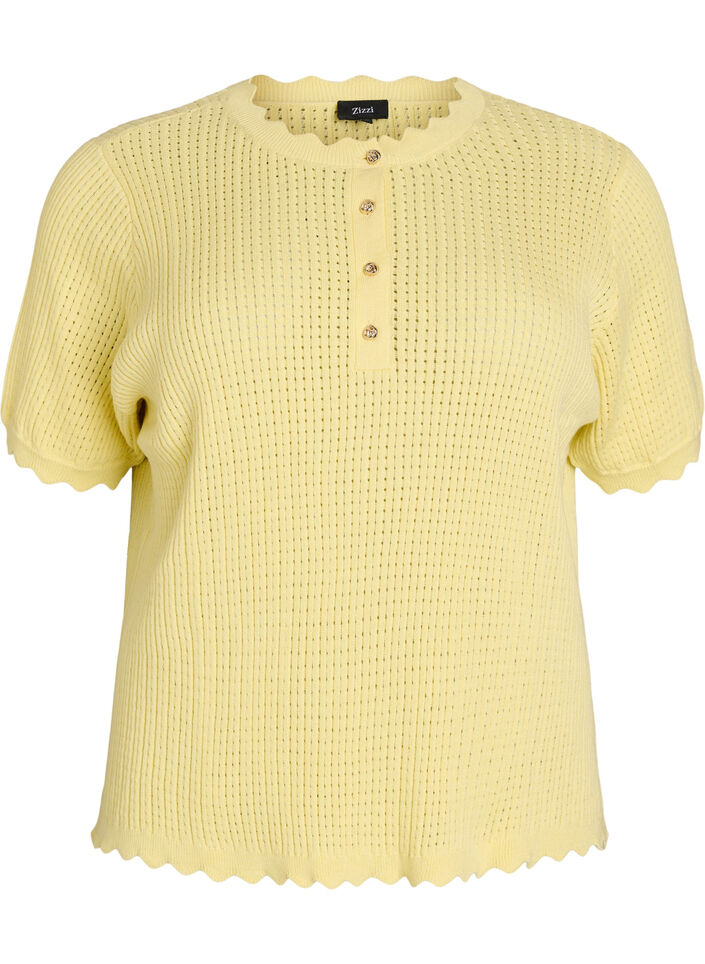 Korte mouw gebreide blouse met ajourpatroon en golfranden, Geel, Packshot image number 0